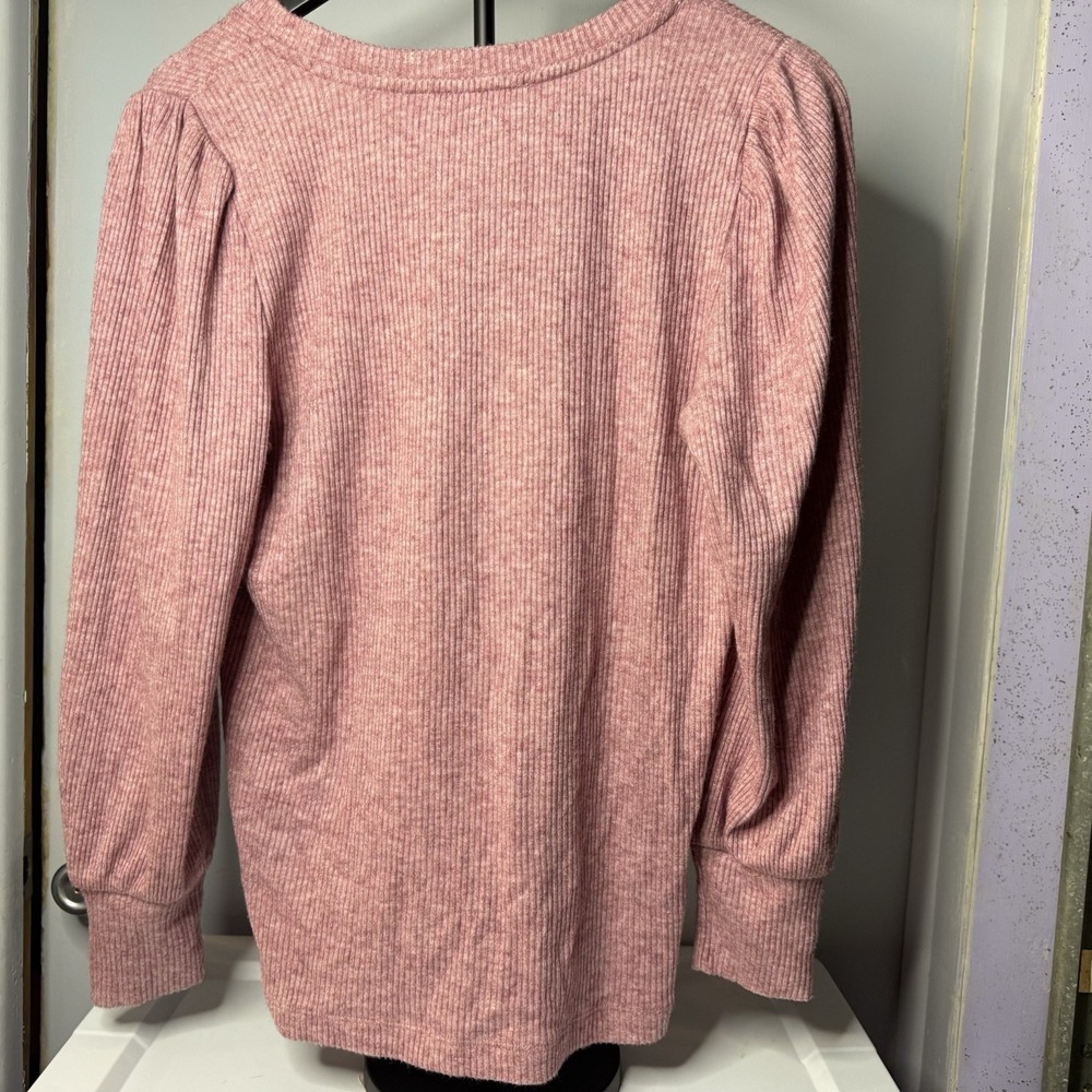 LOFT Women’s Petite L Salmon Pink Stripe V Neck Button Pullover Sweater Preppy - Picture 9 of 9